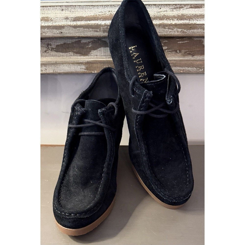 Lauren Ralph Lauren Women's Black Suede Denver Oxfords Wedge Shoes 7.5 NWOB